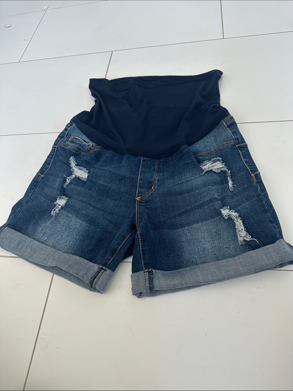 Song Maternity Dark Blue Denim Distressed Shorts medium